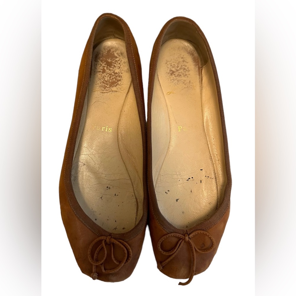 CHRISTIAN LOUBOUTIN | Rosella Leather Brown Bow, square toe Ballet Flats Sz 37.5